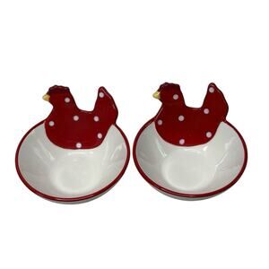Sur La Table Red White Chicken Shaped Bowls Set of 2 Rooster Polka Dot Farmhouse